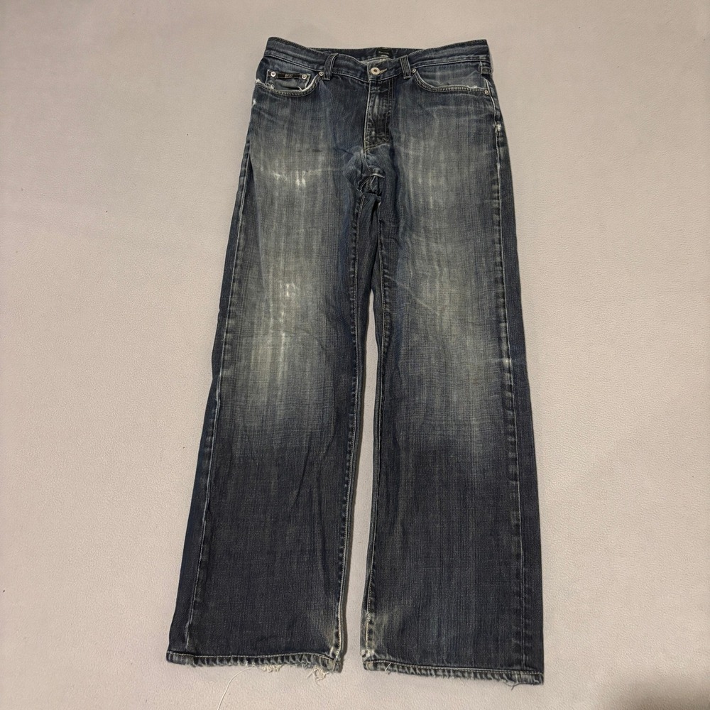 Hugo Boss Texas Mens Jeans 33x34 Dark Wash Distressed Straight Leg Blue Denim